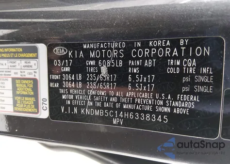 2017 Kia Sedona Lx z USA, uszkodzony, nr VIN KNDMB5C14H6338345
